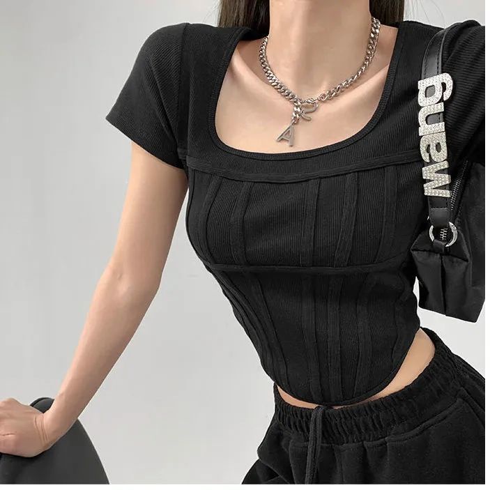 Áo Croptop Dệt Kim Cổ Vuông Thời Trang Mùa Hè Quyến Rũ Cho Nữ