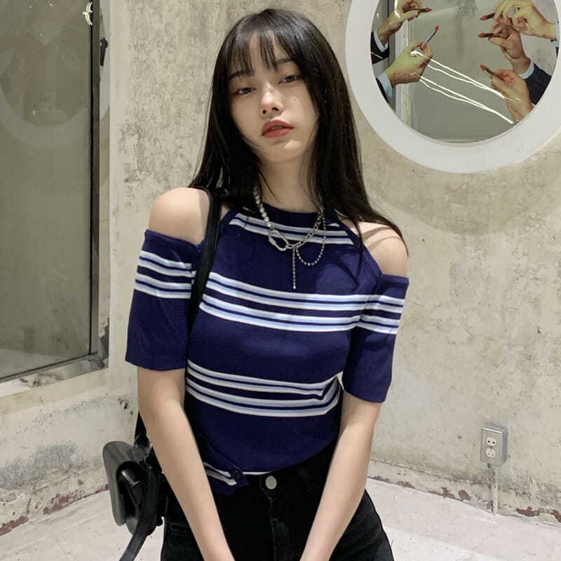 Áo Thun Tay Ngắn Trễ Vai Họa Tiết Kẻ Sọc Thời Trang Mùa Hè 2022 Cho Nữ