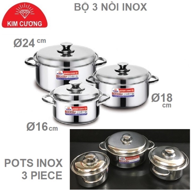 Combo bộ 3 nồi inox Kim Cương Queen Cook inox SUS201