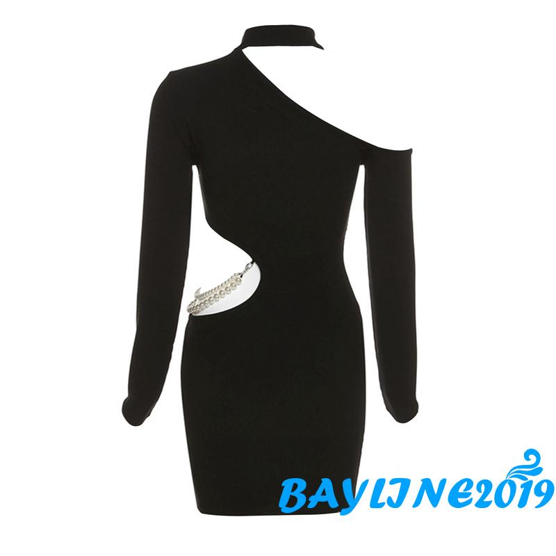 Đầm Ngắn Tay Dài Hở Vai Màu Trơn Đính Ngọc Trai Giả Thời Trang Mùa Thu Dành Cho Nữ