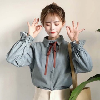 Áo sơmi cổ nơ tay bèo ulzzang Hàn Quốc