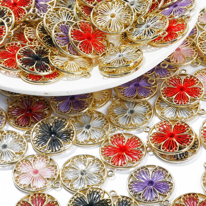 Bộ 2 mặt dây chuyền hình tròn họa tiết hoa lá tráng men dùng để làm đồ thủ công