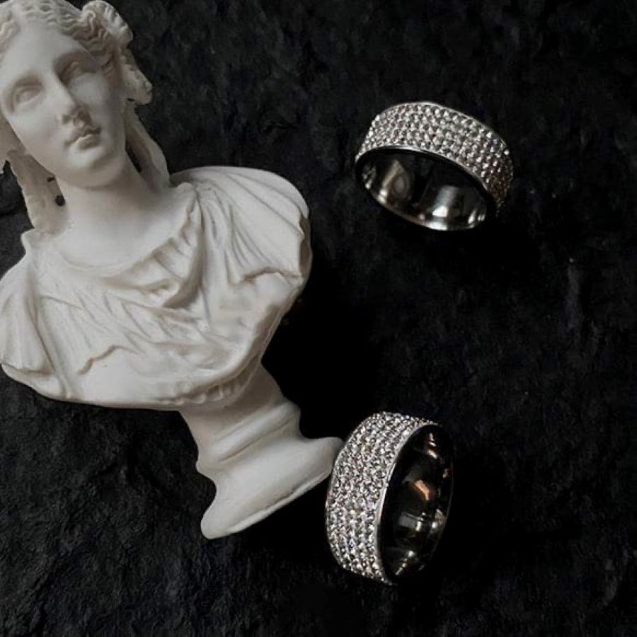 Nhẫn nam nữ đính đá thép titan không gỉ, thời trang cá tính cực ngầu