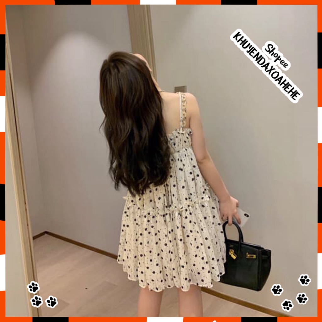 V003 Váy 2 dây Babydoll BBD trắng hoa nhí đen nhún ngực đáng yêu dáng lỡ đầm tiểu thư công chúa ulzzang nữ tính cute