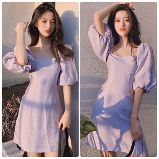 Đầm tím cổ vuông tay phồng
