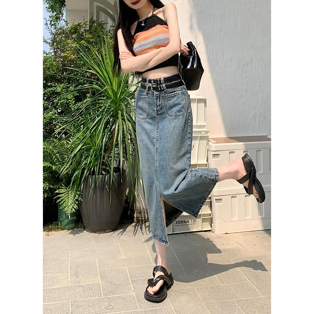 Chân Váy Denim Dáng Chữ A Lưng Cao Phối Thắt Lưng Phong Cách Retro Thời Trang Mùa Hè Hàng Mới 63754