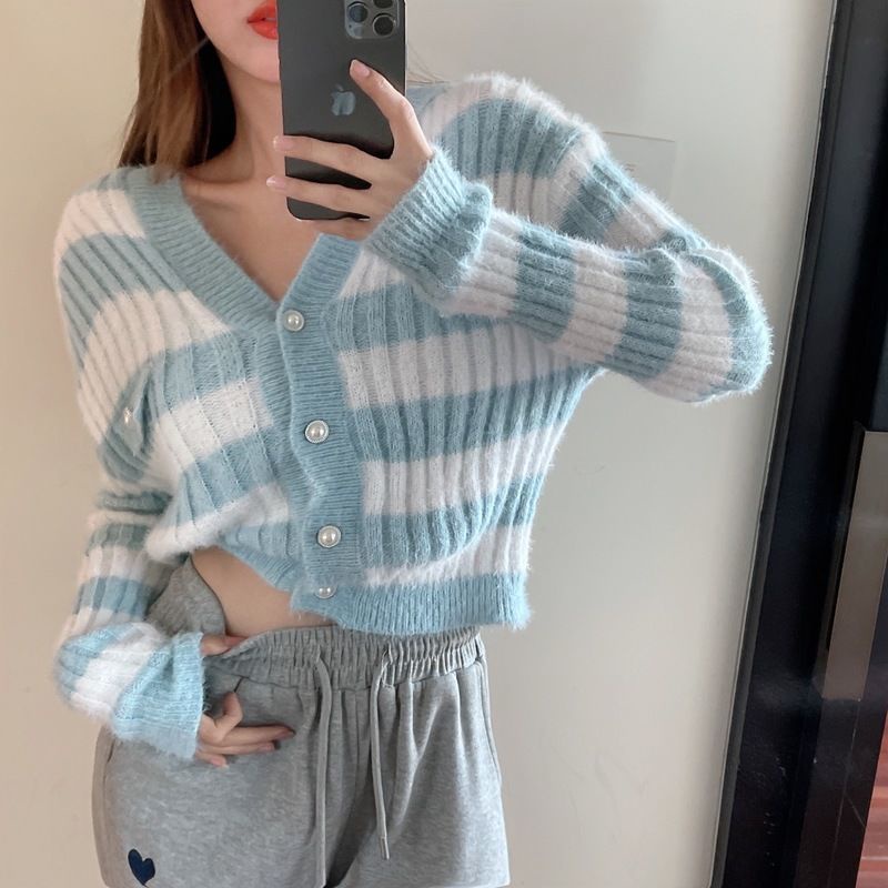 Áo Khoác Cardigan Dệt Kim Tay Dài Có Mũ Trùm Đầu Hoạ Tiết Kẻ Sọc Phong Cách Hàn Quốc Mới