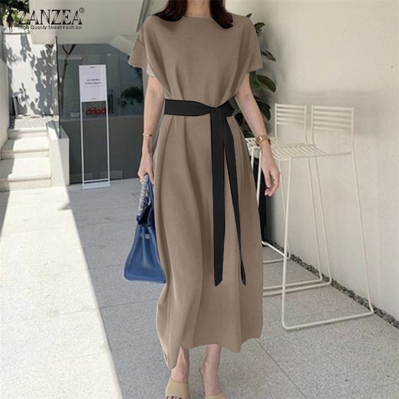 Đầm maxi Zanzea tay ngắn dáng rộng phối màu tương phản thời trang thanh lịch cho nữ