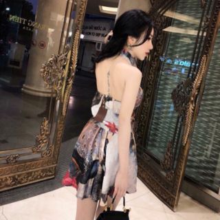 Đầm xoè cột eo hở vai hai màu