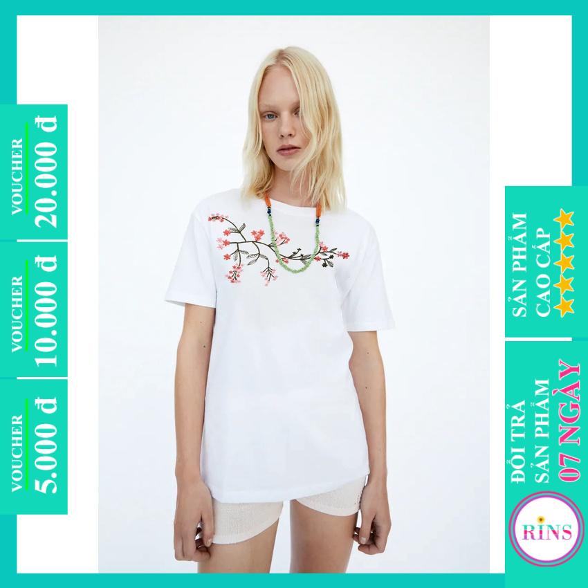 ÁO THUN ZARA VNXK THÊU CÀNH HOA - COTTON 100% 4C FORM CHÂU ÂU