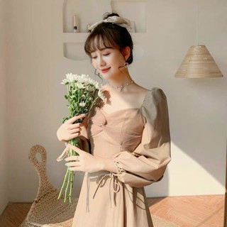 Đầm maxi nude cổ vuông xoắn ngực