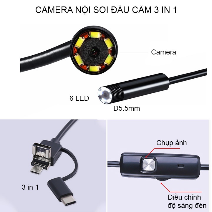 Camera nội soi đầu 5.5mm kết nối 3 trong 1, dài 1-2-5m tùy chọn