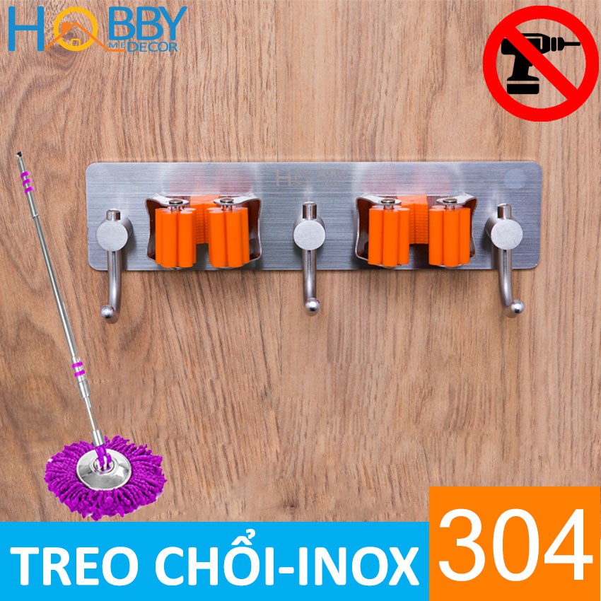 Móc treo cán chổi Hobby Home Decor 3MT2C dán tường - có 3 móc và 2 ngàm giữ chổi không rỉ sét