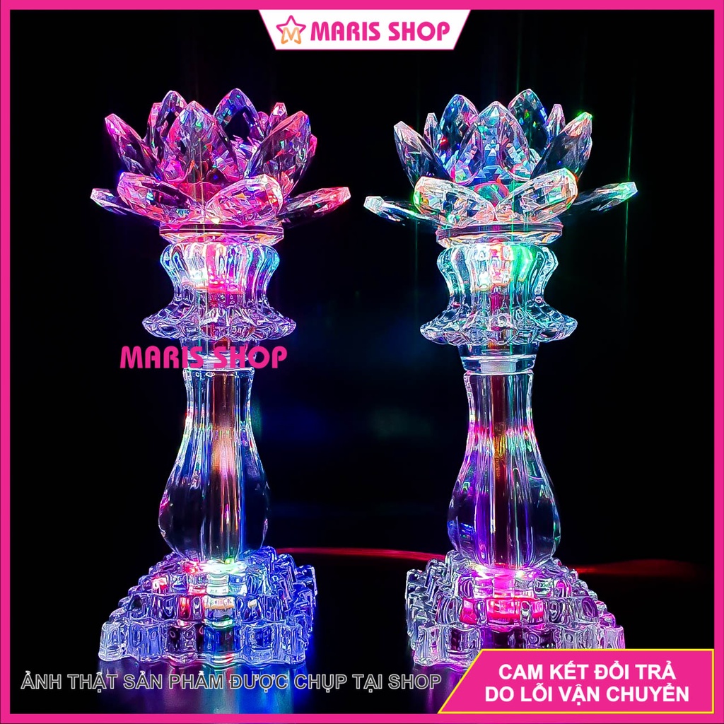 Đèn Bàn Thờ Sen PHA LÊ Cao Cấp Nguyên Khối Phát Sáng Toàn Thân Cao 26cm Sử Dụng Mạch LED Cao Cấp