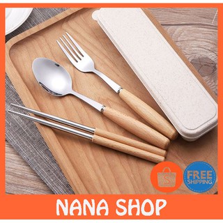 Bộ muỗng đũa nĩa Inox cán gỗ tự nhiên hộp đựng lúa mạch - Nana Shop