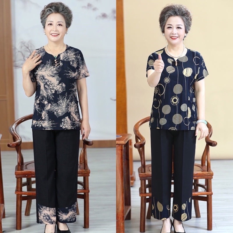 Đồ bộ hè cho người già áo tay ngắn quần dài thanh lịch