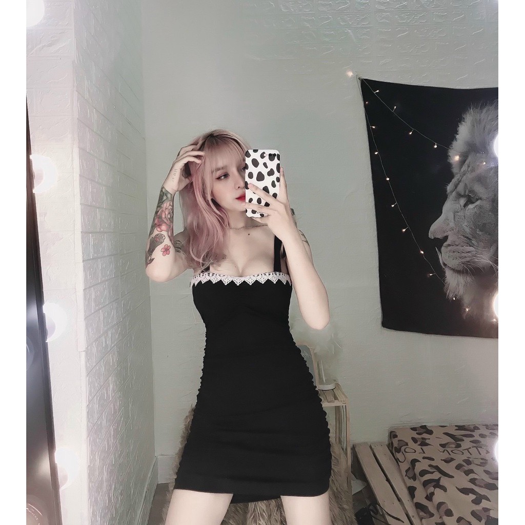 đầm nhúm kiểu phối ren cột dấy nơ vai xinh siêu hot hit