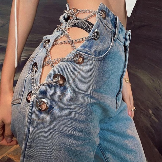 (Hàng có sẵn) Quần jeans cạp xích đan chéo gợi cảm