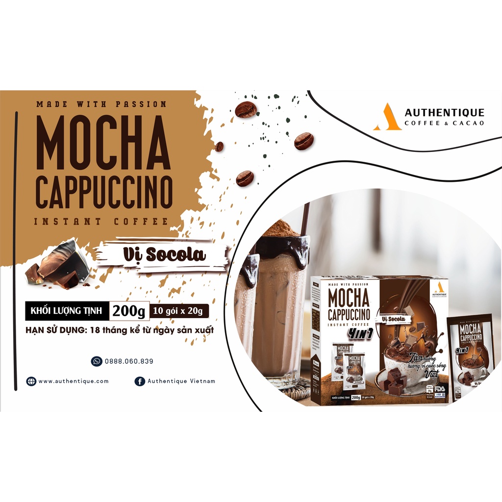 Cà phê pha sẵn hòa tan vị Sô cô la 4in1 (20G x 10Gói) - Mocha Cappuccino Instant Coffee | Authentique Instant Coffee