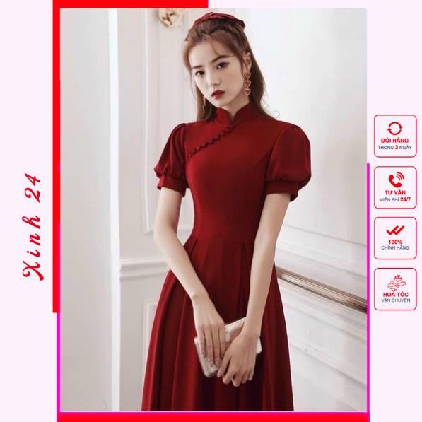 Đầm váy đỏ đi tiệc sang chảnh cổ áo dài (kèm hình thật) | BigBuy360 - bigbuy360.vn