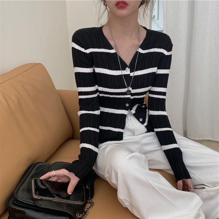 Áo cardigan dệt kim tay dài ôm dáng vừa vặn cổ chữ V họa tiết kẻ sọc thời trang dành cho nữ