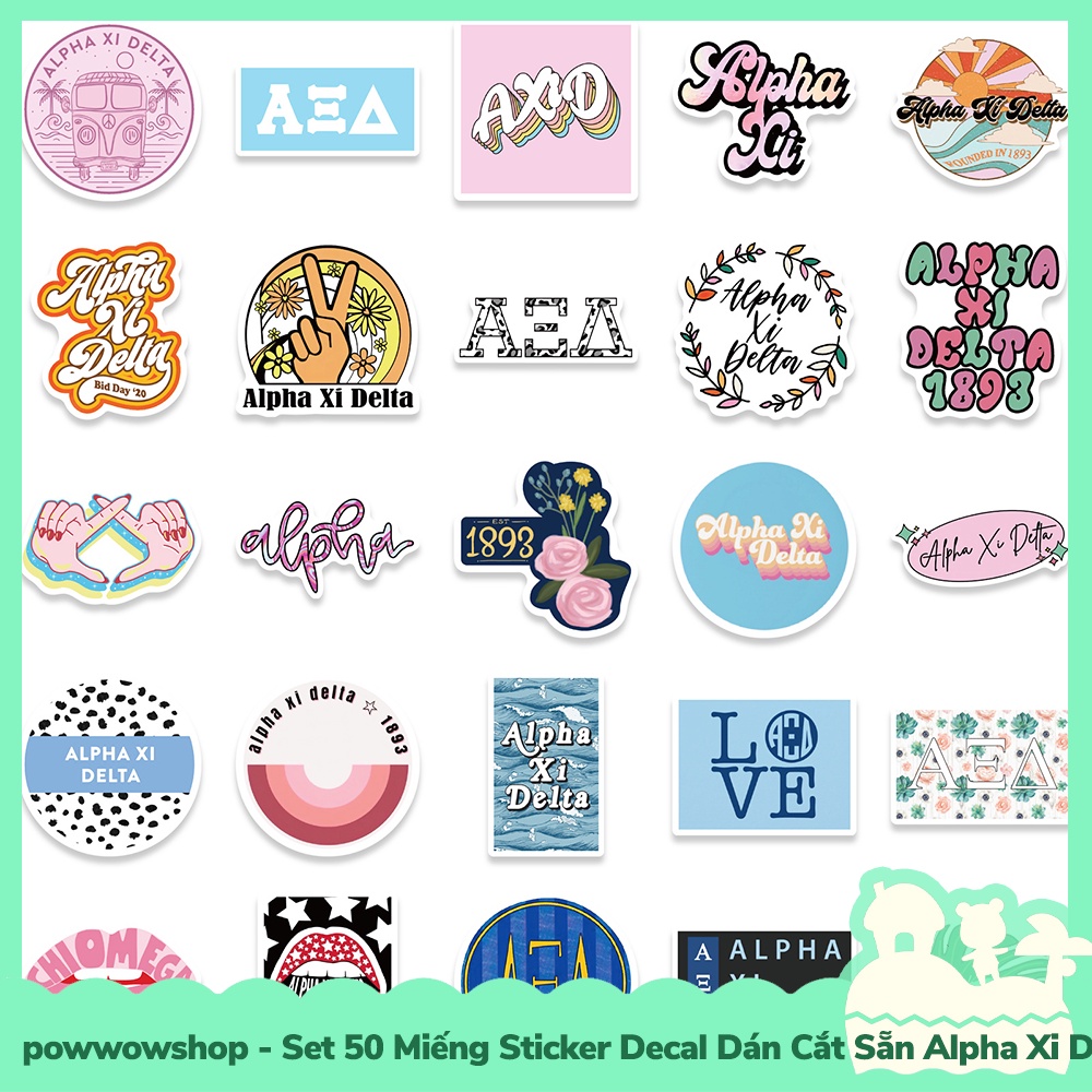 [Sẵn VN - Hỏa Tốc] Set 50 Miếng Sticker Decal Cắt Sẵn DIY Dán Trang Trí Vật Dụng Mẫu Alpha Xi Delta
