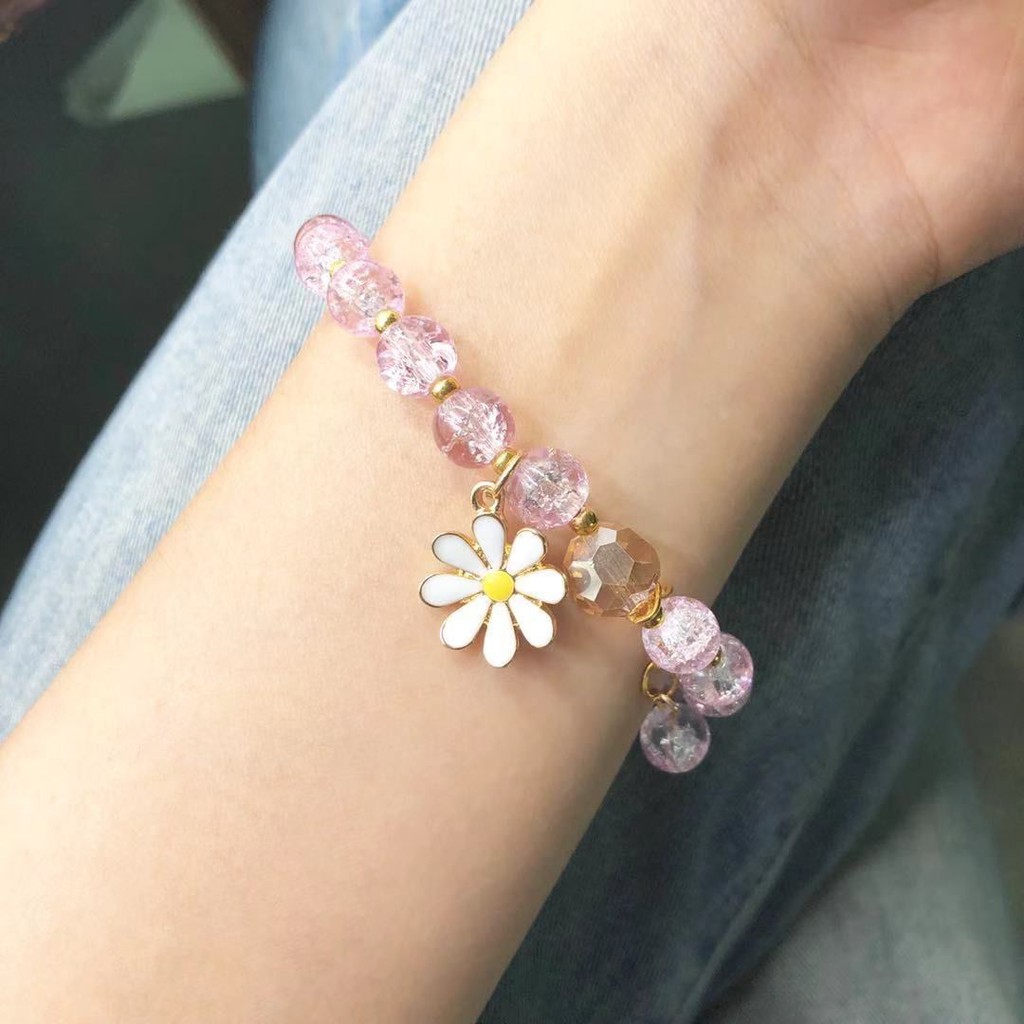 Vòng tay nữ xỏ hạt đá phối mặt hoa cúc nhỏ nhiều màu sắc xinh xắn