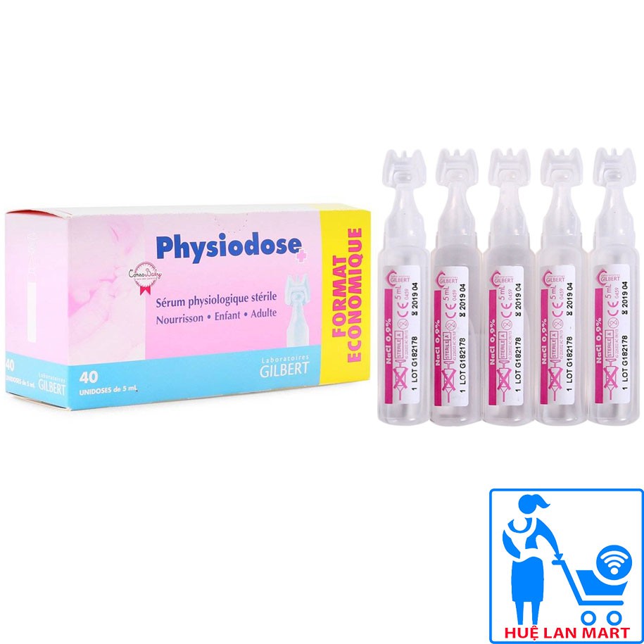 Nước Muối Sinh Lý Physiodose Hộp 40 Tép x 5ml (Rửa mắt, mũi, làm sạch vùng bị nhiễm khuẩn cho trẻ sơ sinh)