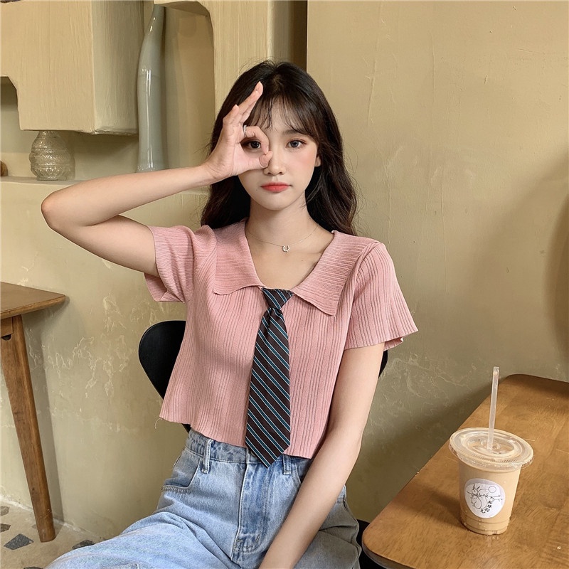 ZHELIHANGFEI Áo len dệt kim POLO cổ áo ngắn tay eo cao cổ điển