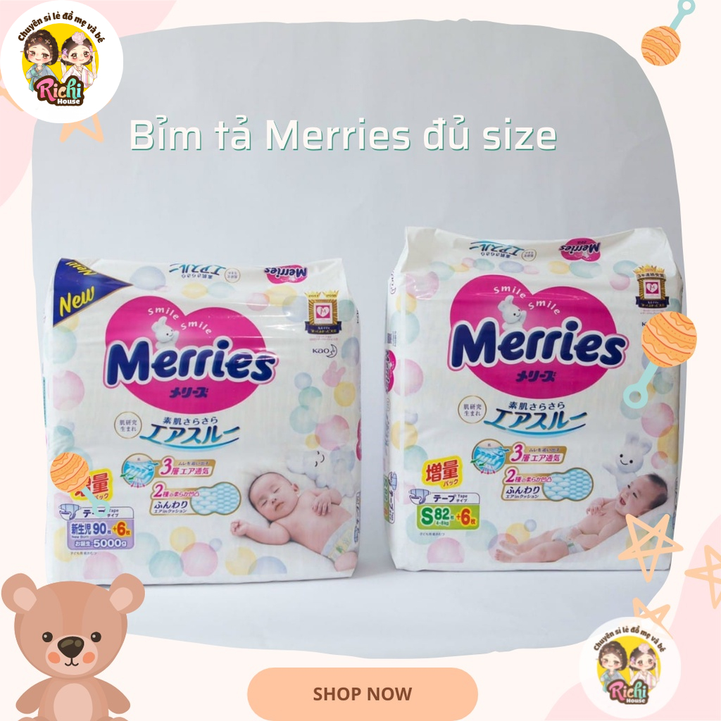 Tả Bỉm Merries dán / quần - Hàng Nội địa đủ size NB96/S88/M68/L58/XL44