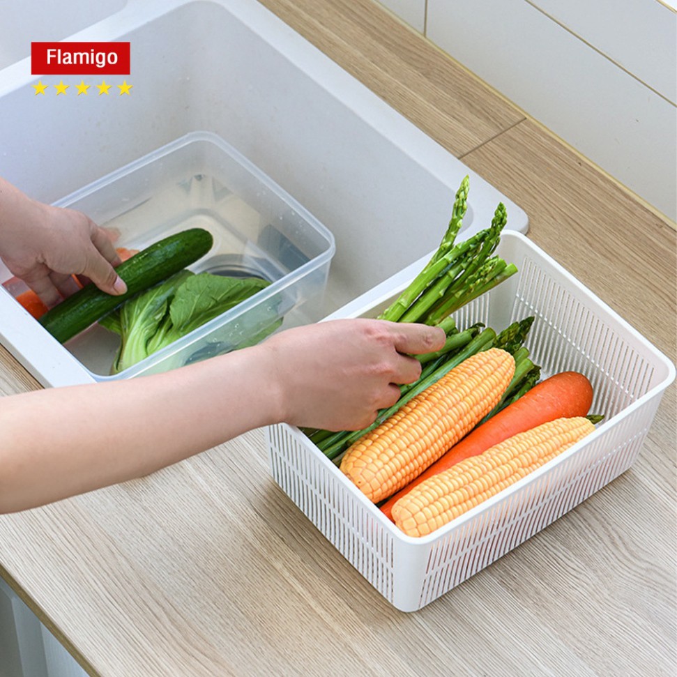 Hộp đựng thực phẩm có nắp đậy cao cấp, khay nhựa để tủ lạnh kèm rổ ráo nước bảo quản thức ăn tiện dụng .