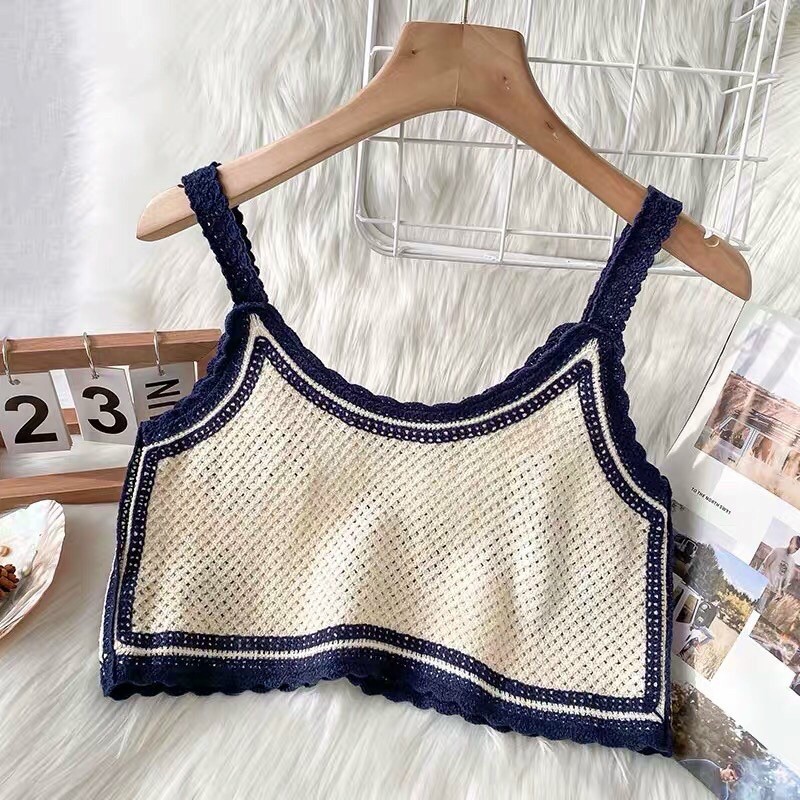 Áo 2 dây len đan móc hoa cúc viền ren cực xinh