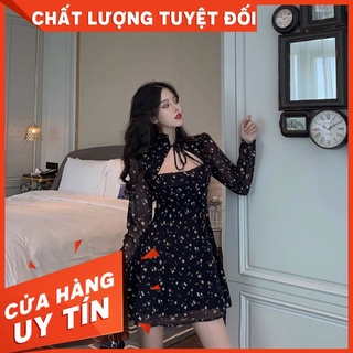 Đầm Ngắn Choker Hoạt Tiết Hoa Nhí Tay Dài Điệu Đà