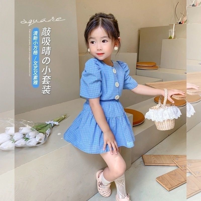 Set Áo Thun Ngắn Tay + Chân Váy Caro Thời Trang Cho Bé Gái