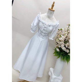 Đầm Bèo Vai Mặc 2 Kiểu, Đan Dây Ngực (TRẮNG)