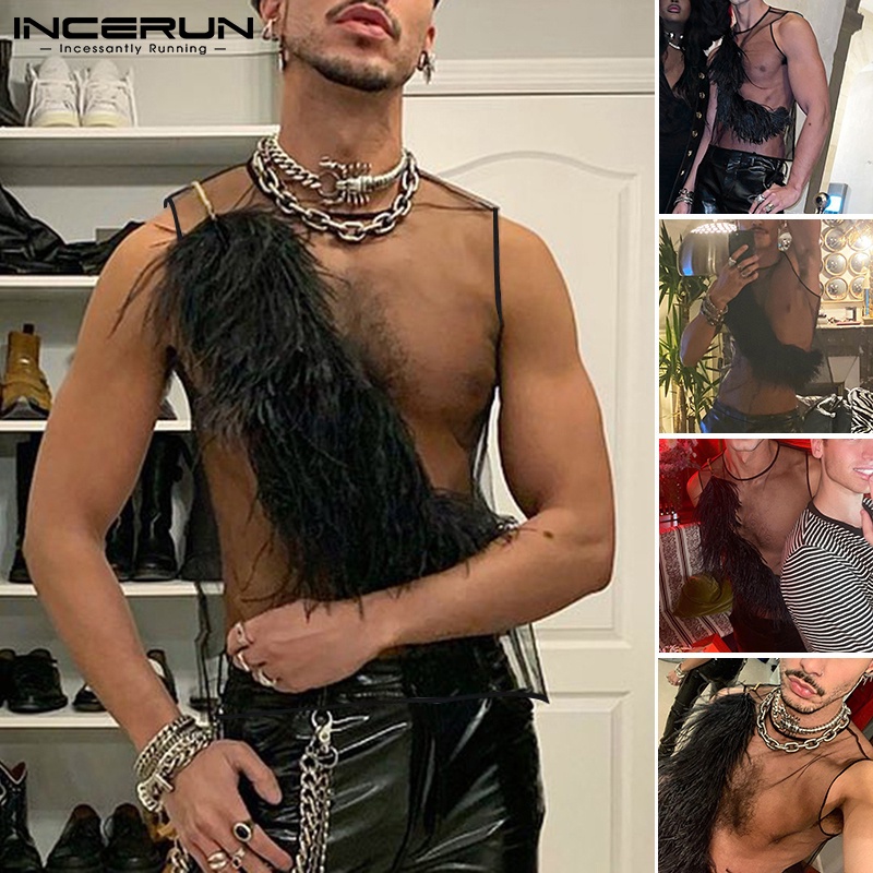 Áo sát nách INCERUN phối lông vũ cá tính thời trang cho nam