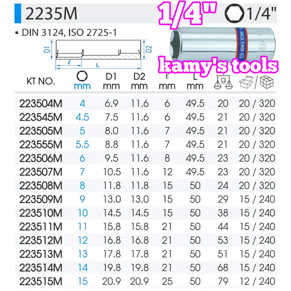 Đầu tuýp đầu khẩu dài Kingtony 1/4 model 2235 4mm-14mm