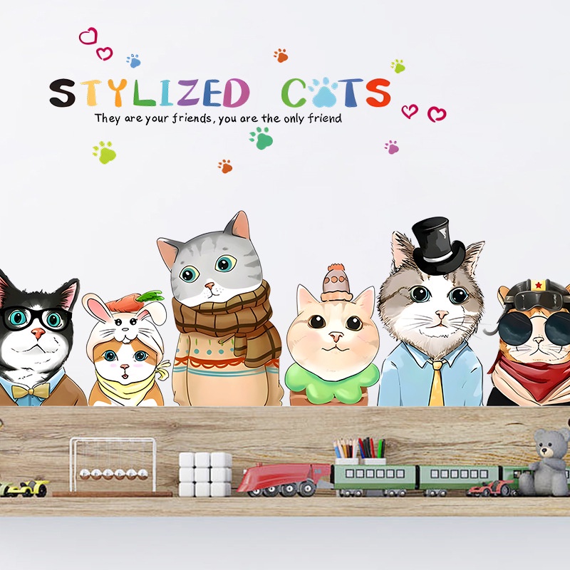 Miếng Dán Tường Họa Tiết Mèo Hoạt Hình Trang Trí Phòng Ngủ
