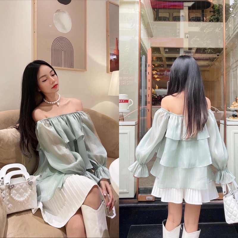 Váy , Set áo nữ trắng xếp tầng trễ vai bèo kèm chân váy xếp ly siêu xinh mã