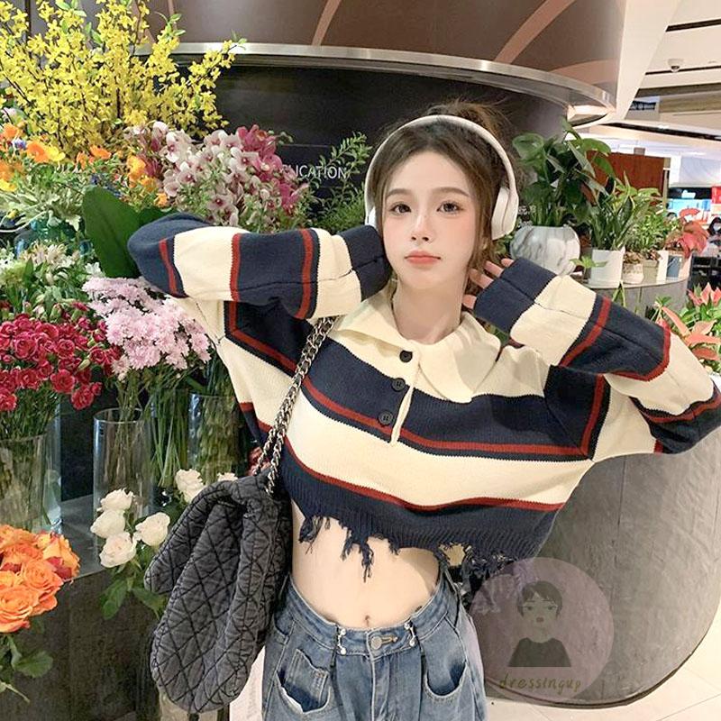 Áo Dệt Kim Tay Dài Cổ Tròn Màu Sắc Tương Phản Thời Trang Cho Nữ