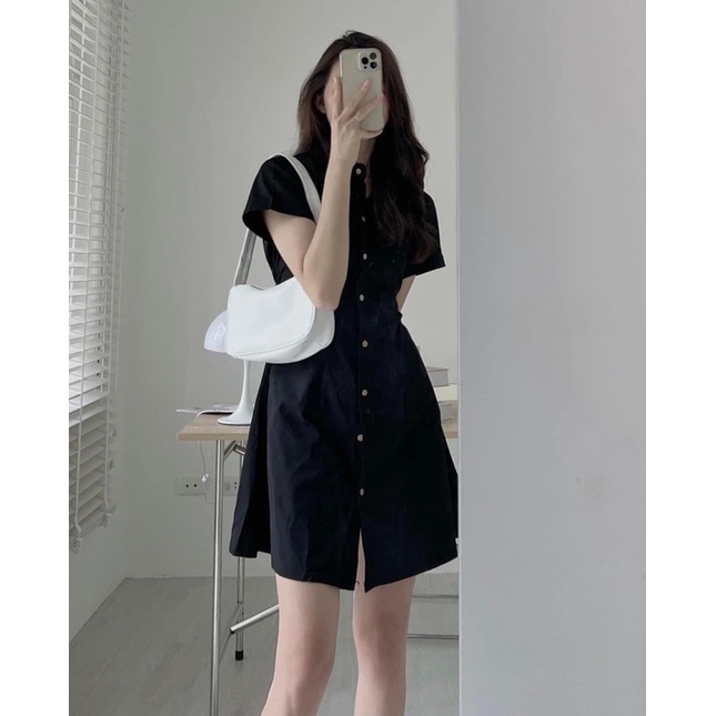 Váy kaki cổ đức cúc dọc dáng chữ A