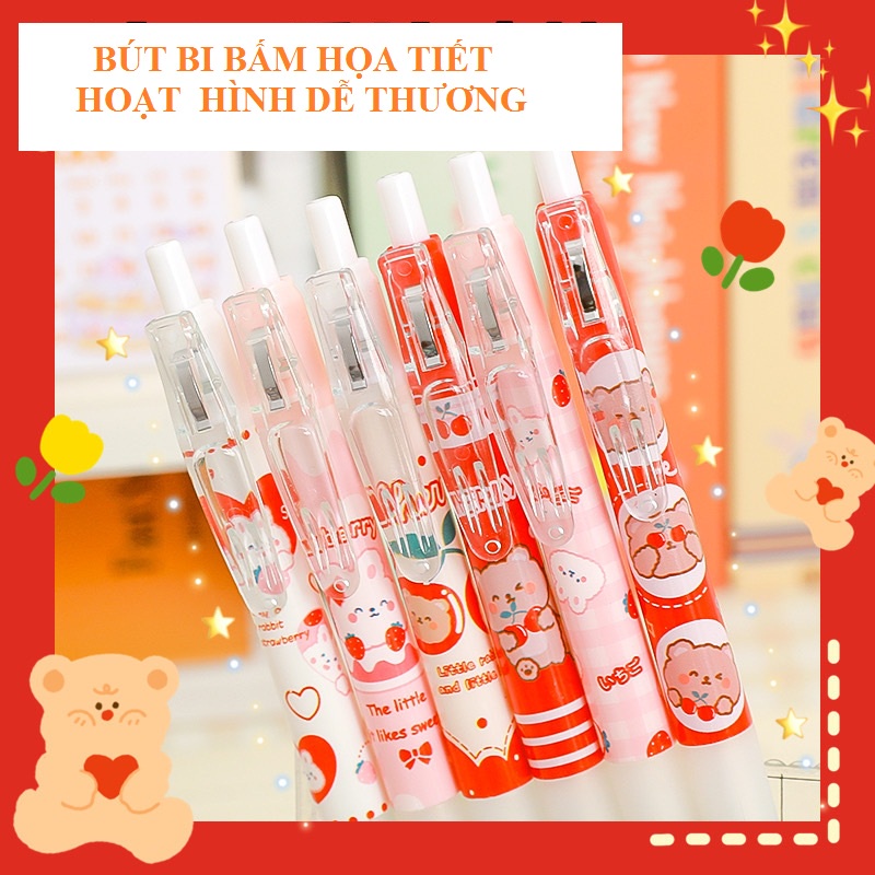 Bút bi bấm cute họa tiết hoạt hình sinh động hai loại set 3 và set 6 bút bi