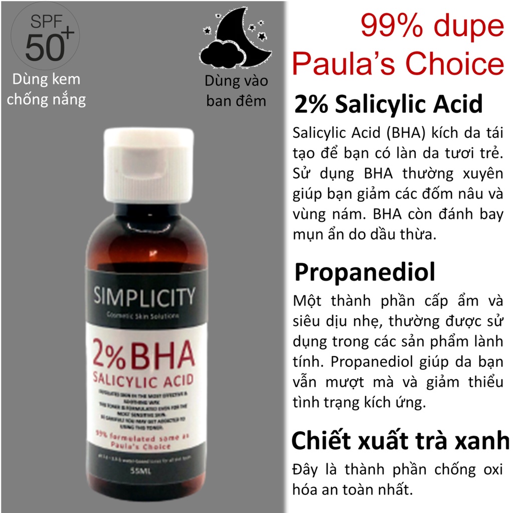 Toner 2% BHA Tẩy da chết mặt bớt mụn da dầu trắng sáng thông thoáng lỗ chân lông SIMPLICITY