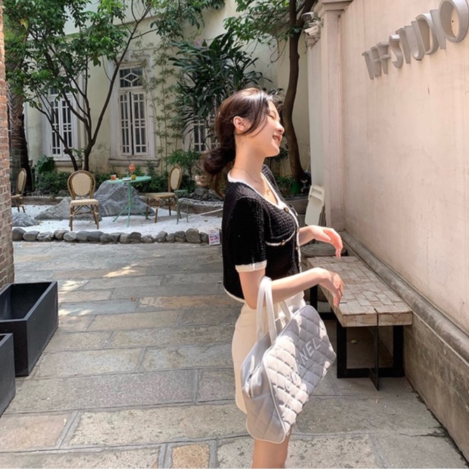 Áo croptop ZHELIHANGFEI dệt kim cổ tròn phối nút thời trang cho nữ