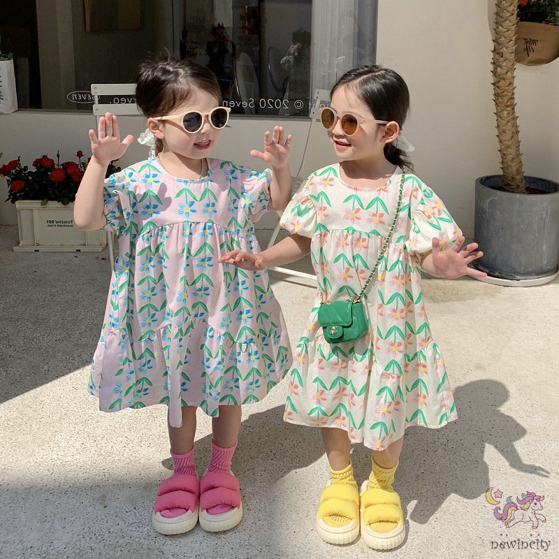 Đầm Công Chúa Tay Bồng In Hoa Phong Cách Hàn Quốc Dành Cho Bé Gái