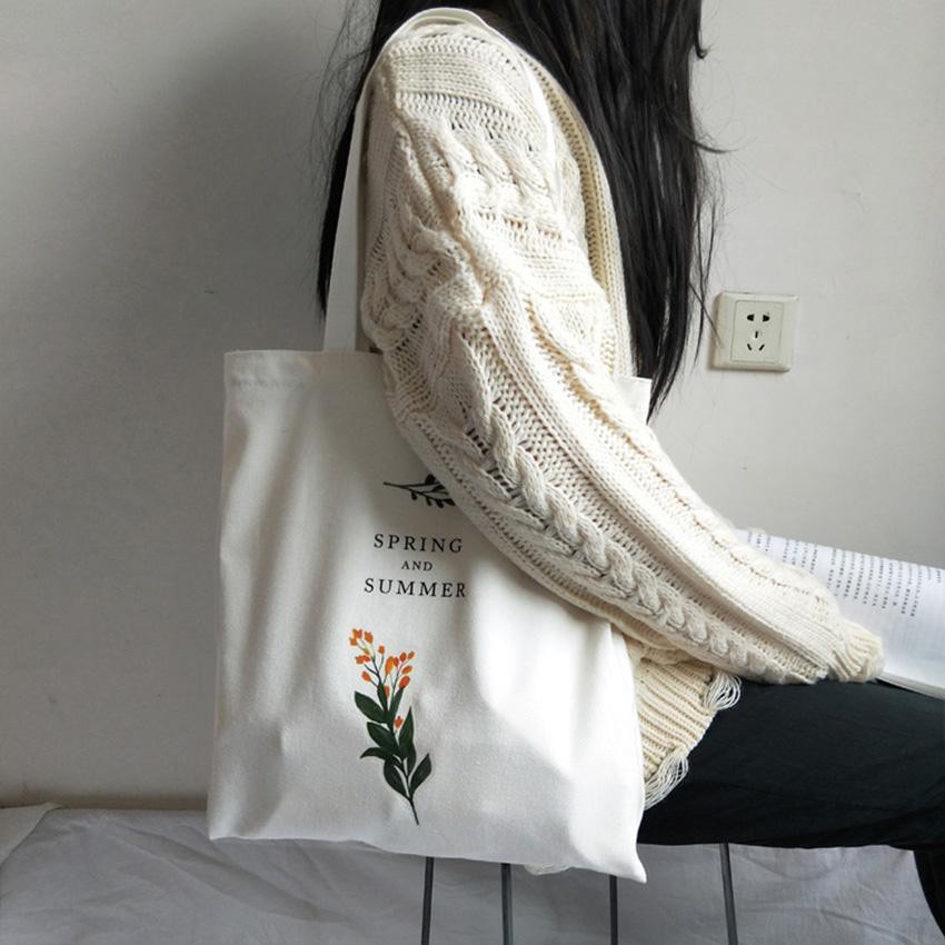 Túi tote vải bố đựng đồ canvas đeo vai phong cách Hàn Quốc in hình lá cải cute