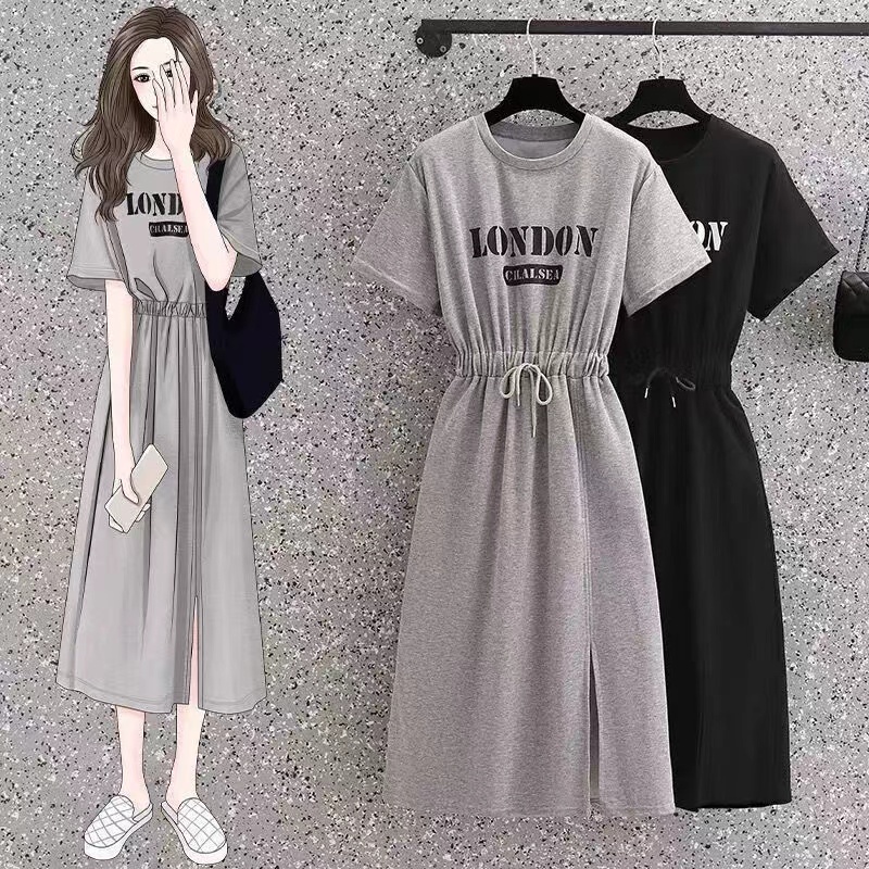 Đầm Dài Tay Ngắn Cổ Tròn In Họa Tiết LONDON Phong Cách Hàn Quốc Thời Trang Cho Nữ