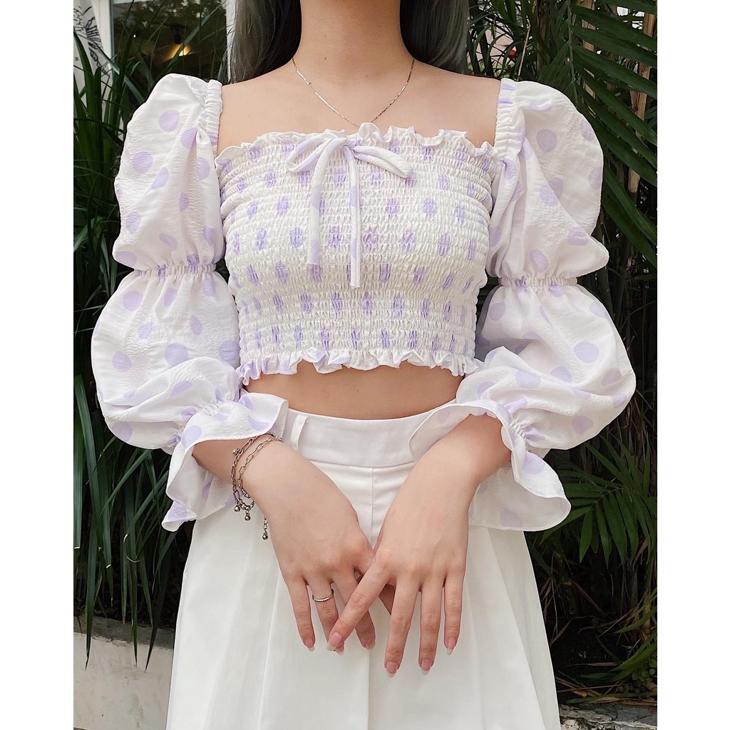 Áo croptop SheByShj tay dài họa tiết chấm bi tím - Dottie Top