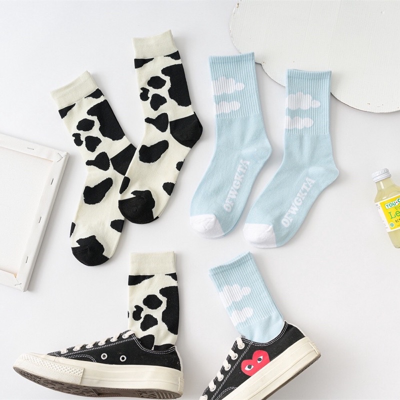 Tất vớ cao cổ hoạ tiết bò sữa, ngân hà bằng cotton cao cấp