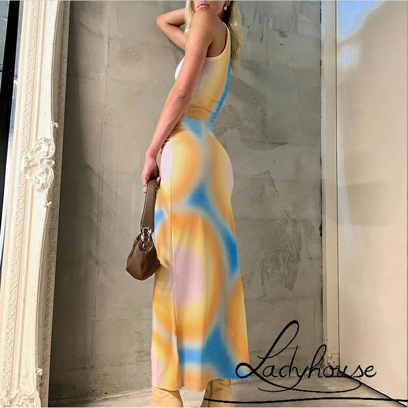 Đầm Dài Cổ Tròn Không Tay Nhuộm Màu Thời Trang Mùa Hè Cho Nữ